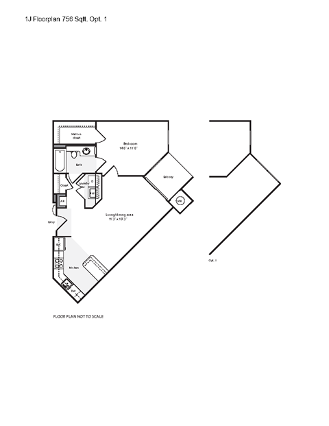 Floor plan for 1 bed, 1 bath, 756 sqft
